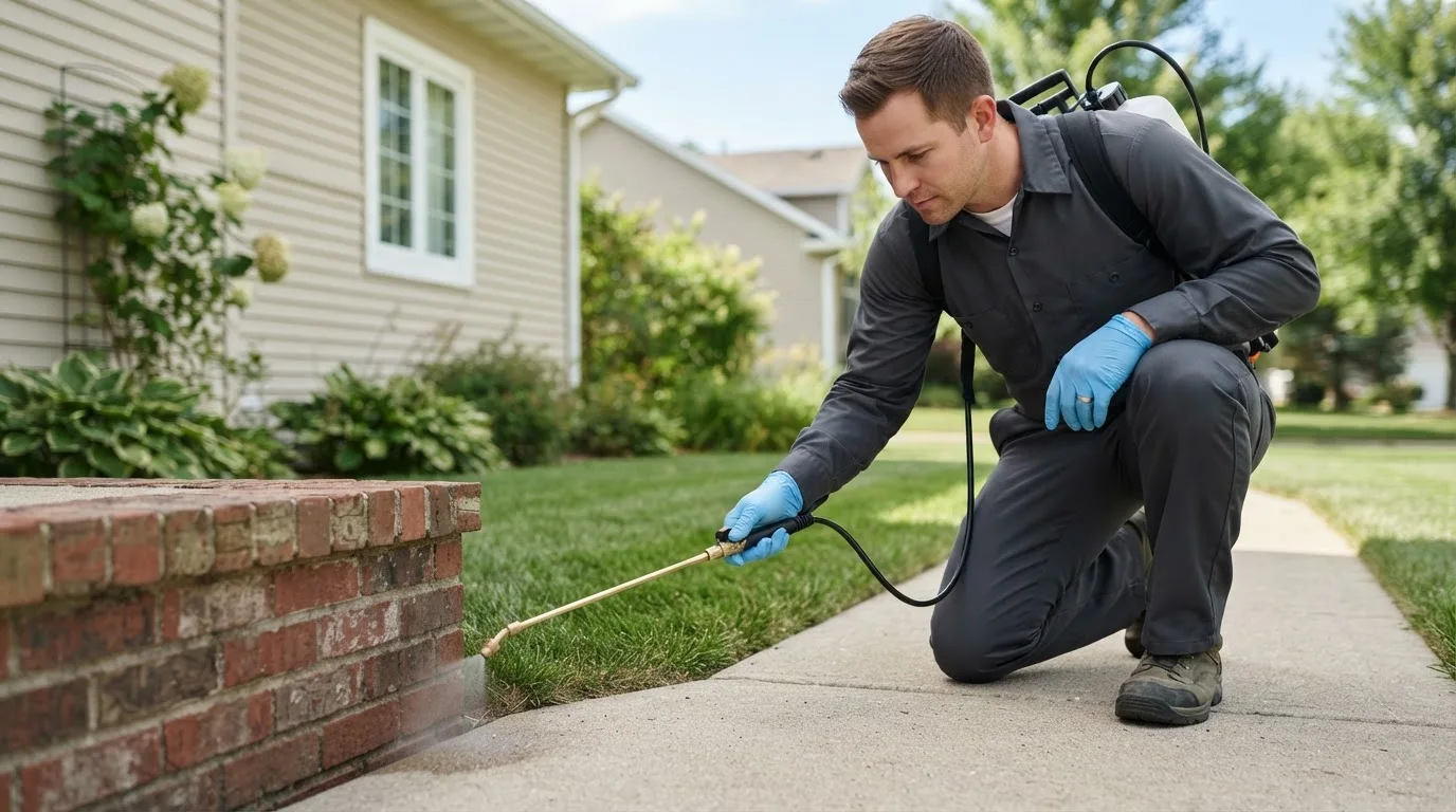 Pest control technician treating a home near Montezuma, KS